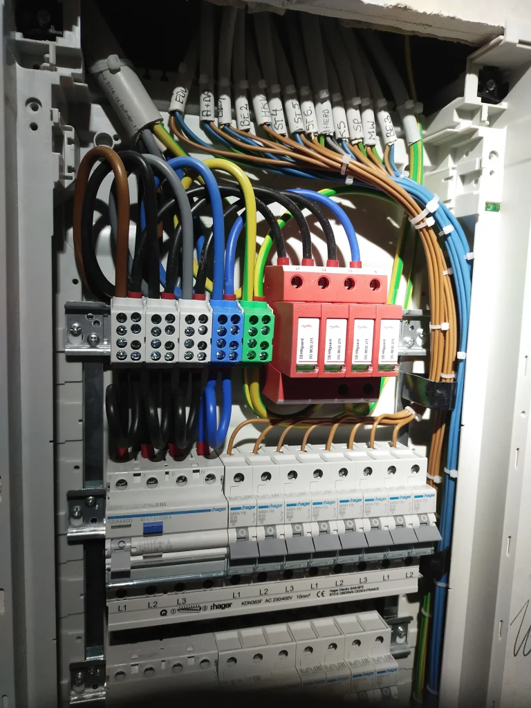 Tablica elektryczna z kablami i bezpiecznikami.